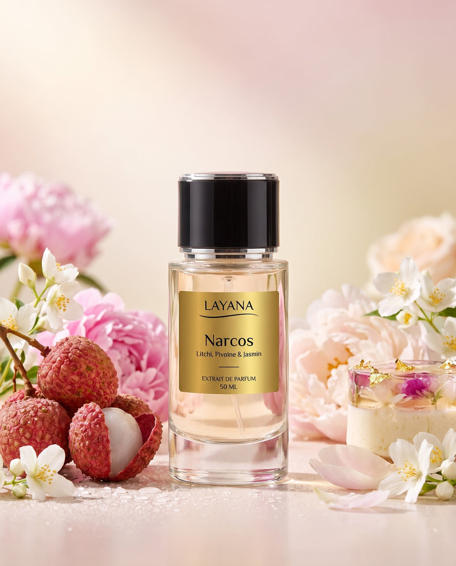 Flacon de l’extrait de parfum Narcos mis en scène