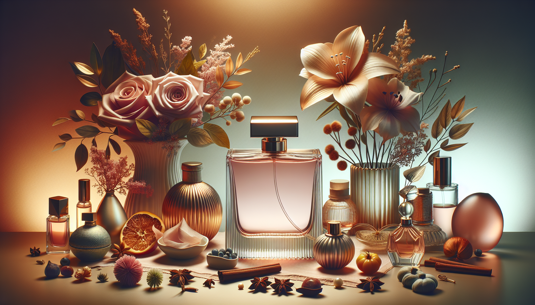 Elegant perfume bottle with elements representing personality traits on a vanity table.