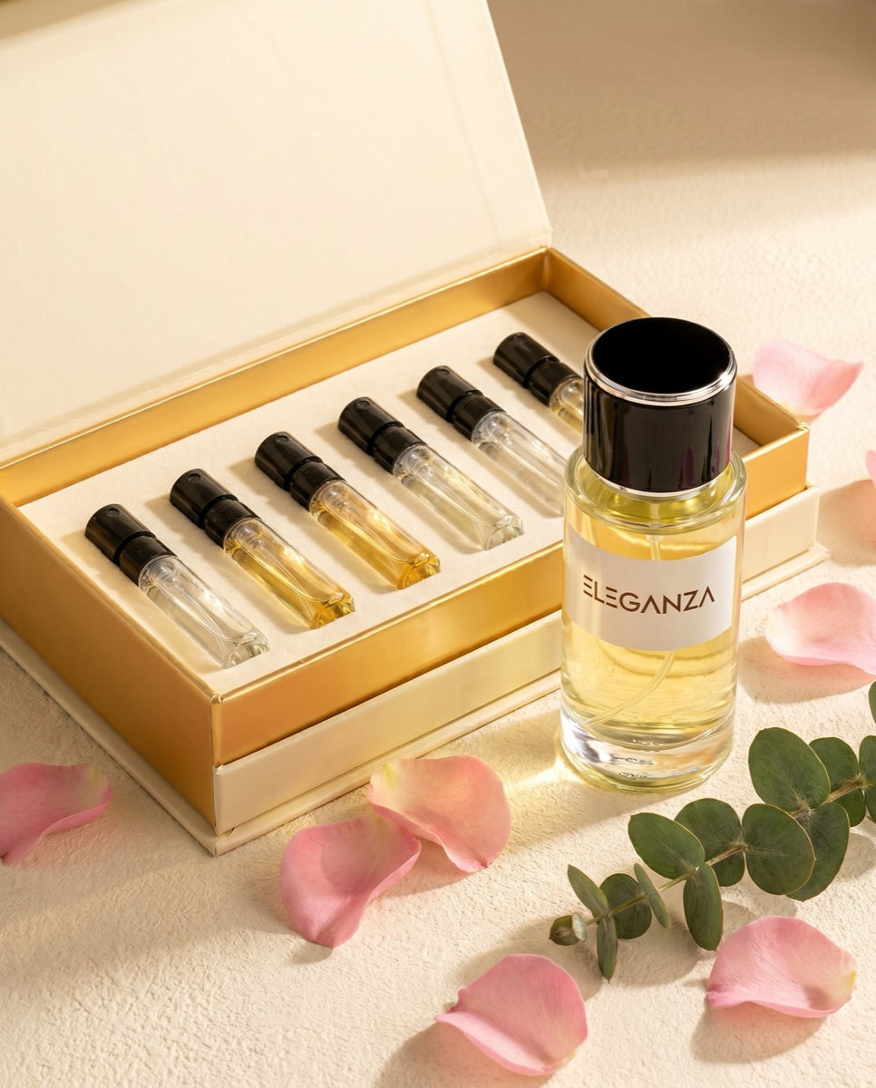 Coffret découverte Layana, flacon d’extrait et étui cylindrique à bande dorée